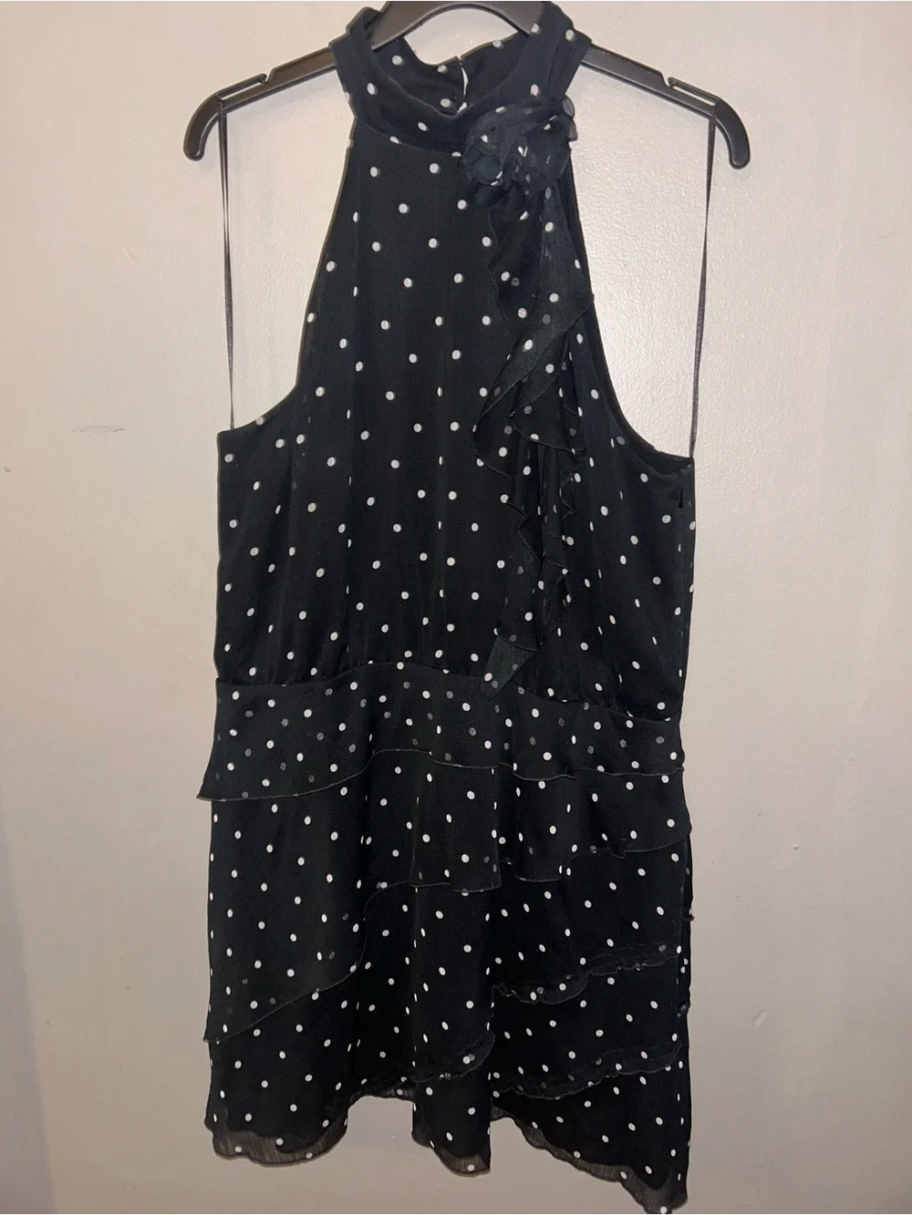 Maeve Dress - black/white polka dot “Maeve Halter Rosette Mini Dress”